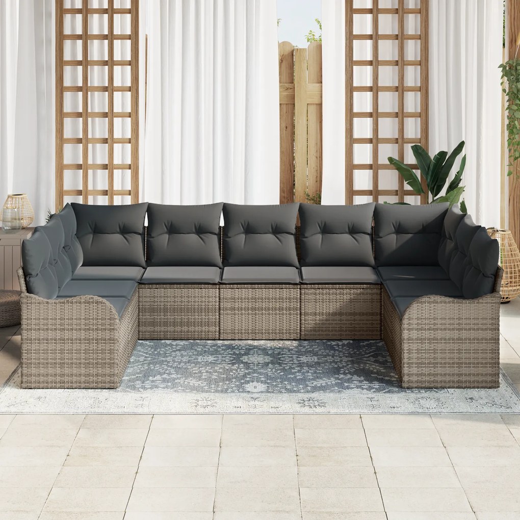 Conjunto de Sofá de Jardim vidaXL 9 Peças com Almofadas Cinza Rattan P