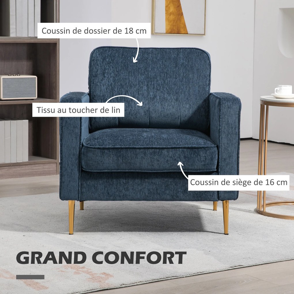 Poltrona em tecido com pés em aço dourado, muito confortável, com bolsos laterais, para sala de estar, escritório, quarto, azul