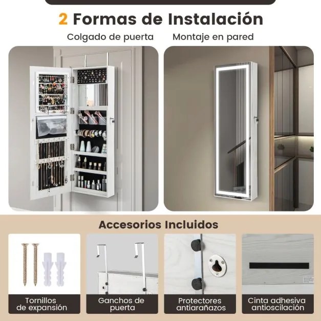Armário para jóias com espelho LED 120 cm Luzes LED para espelhos 3 cores Espelho para maquilhagem e fecho magnético da porta Branco