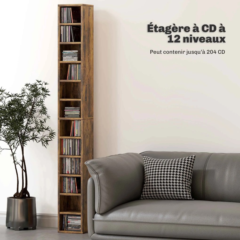 Organizador para CD e DVD com 12 compartimentos, capacidade máxima de 204 CD, 21 x 20 x 175 cm, castanho rústico