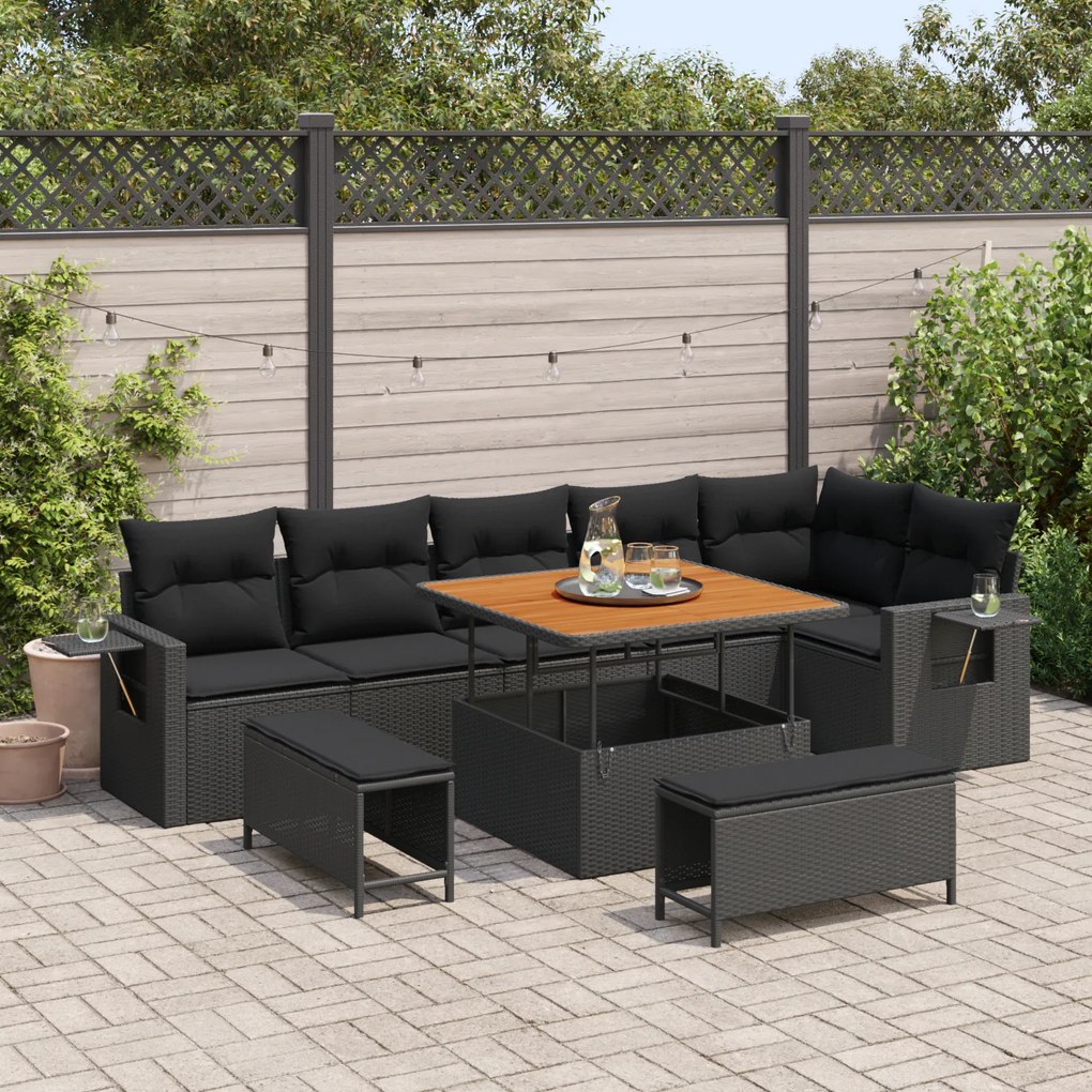 Conjunto de Sofá de Jardim vidaXL 9 Peças com Almofadas Preto Rattan A