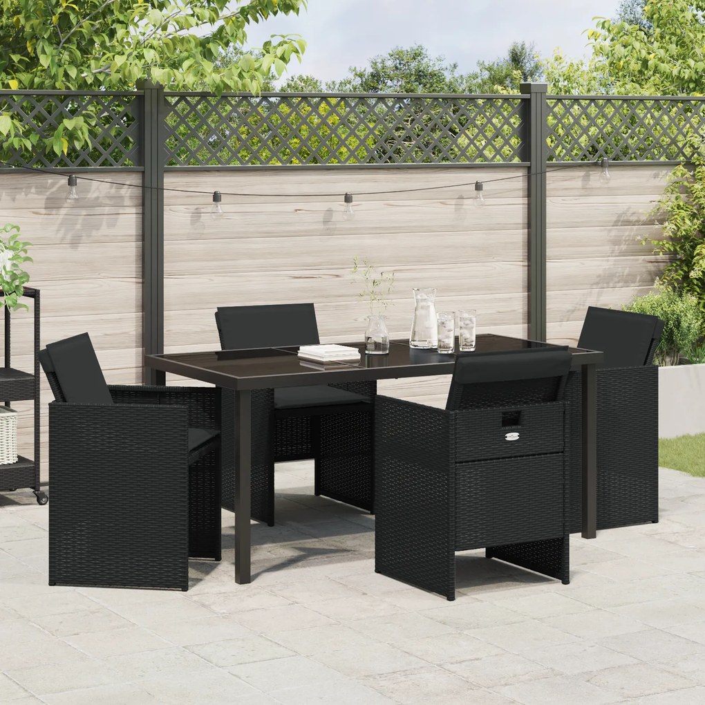 Conjunto de Jantar de 5 Peças para Jardim com Almofadas Preto Vime PE