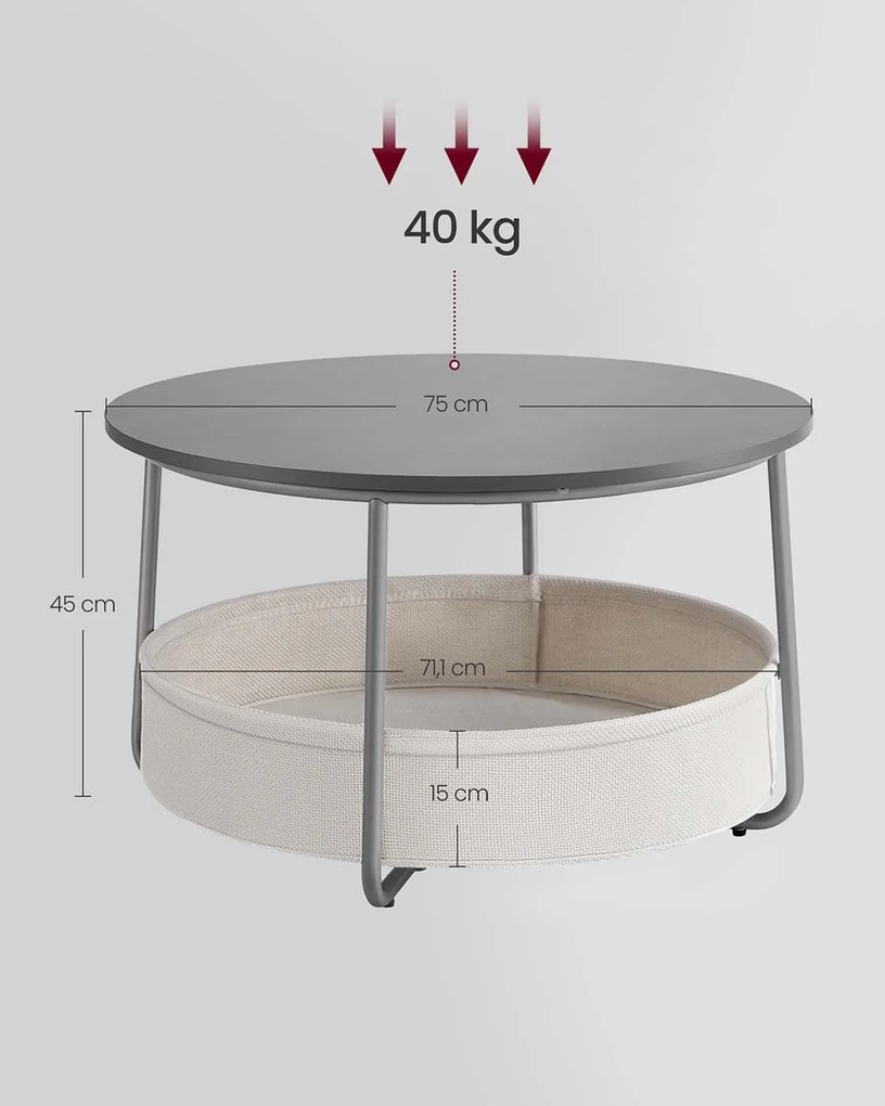 Mesa de centro redonda com cesto em tecido 75 x 45 cm cinzento + branco creme