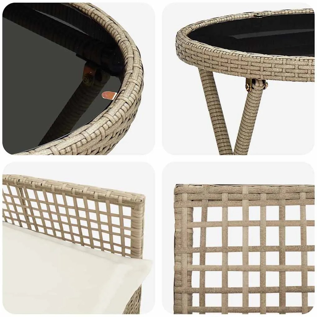 Conjunto de Bistro de Jardim 3 Peças com Almofadas Bege em Rattan Poli