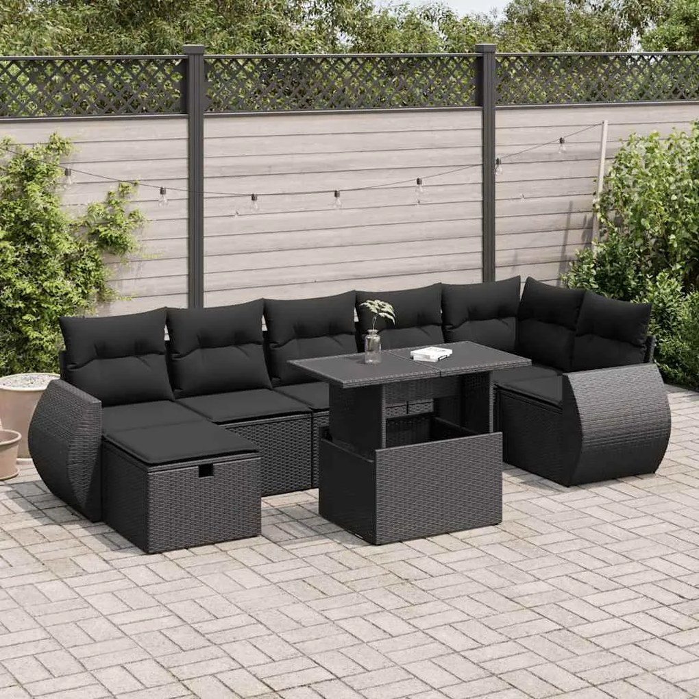 8 pcs conjunto sofás de jardim com almofadões vime PE preto