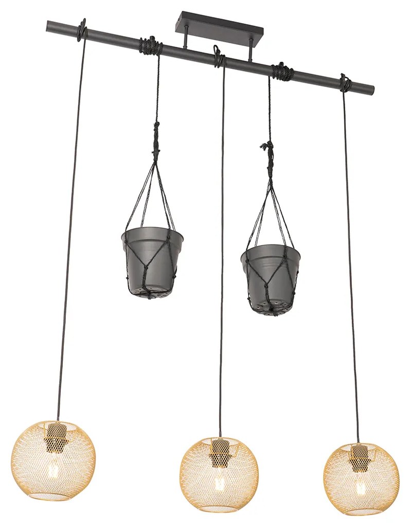 Candeeiro de suspensão industrial dourado 3 luzes - Flor Industrial