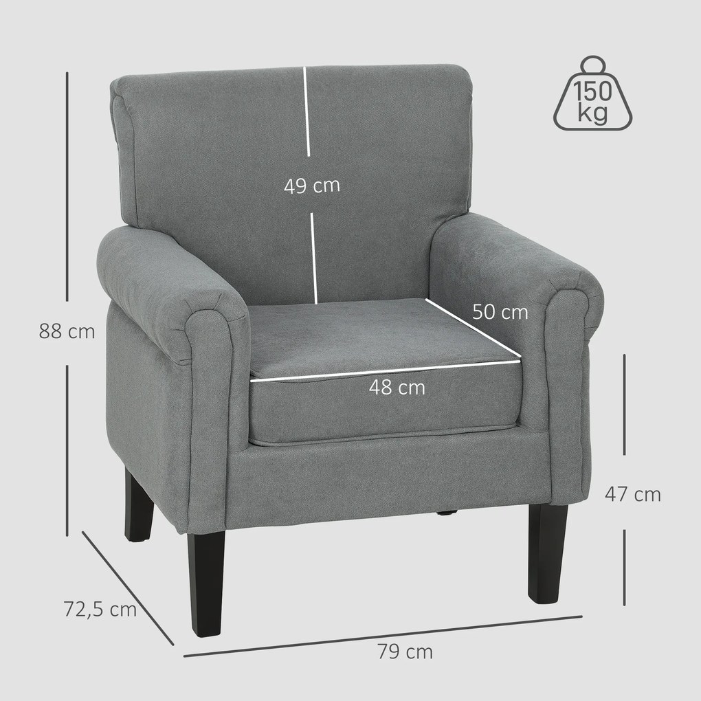 Poltrona Estofada em Tecido Poltrona Relax com Apoio para os Braços Assento Amovível e Lavável Pés de Madeira 79x78x87 cm Cinza Escuro