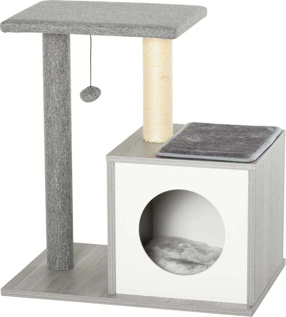 PawHut Arranhador Gatos 3 Níveis Poste Arranhar Caverna Almofadas Amovíveis Brinquedo 59x39x62 cm Cinza Confortável | Aosom Portugal