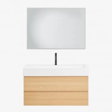 Conjunto De Móvel De Casa De Banho Em Madeira E Chapa De Freixo Com Lavatório Integrado Ona Madeira Natural & Led Retangular - Sklum