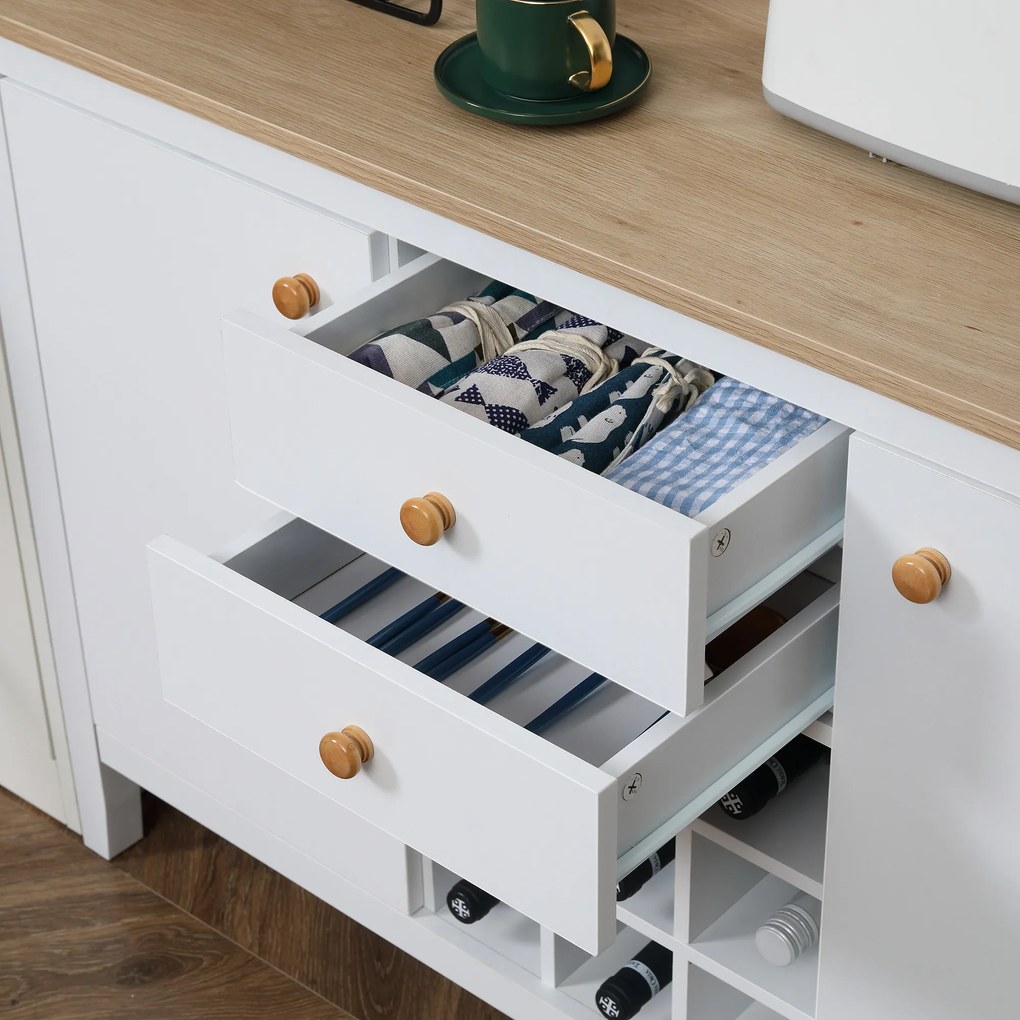 HOMCOM Aparador de Cozinha Moderno com 2 Gavetas 2 Armários com Prateleiras Ajustáveis e Suporte para 9 Garrafas Móvel Auxiliar de Armazenamento para Sala de Jantar Sala de Estar 110x35x75cm Branco