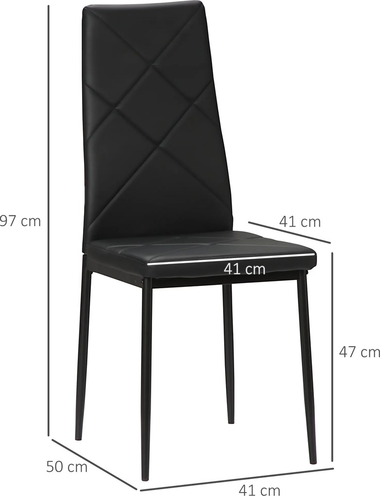 Conjunto de 4 Cadeiras de Sala de Jantar (MESA NÃO INCLUIDA) Estofadas em Couro Sintético com Encosto Alto e Pés de Aço 41x50x97cm Preto