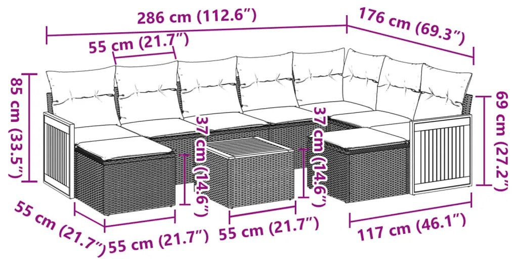10 pcs conjunto de sofás p/ jardim com almofadões vime PE bege