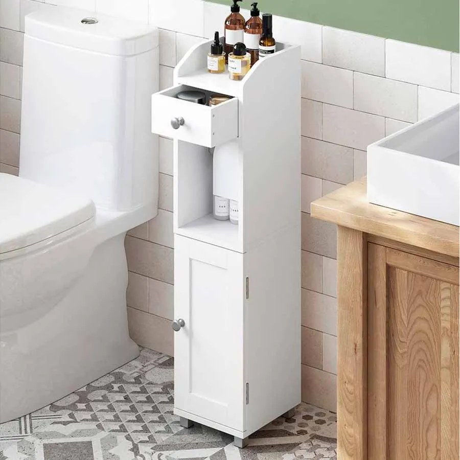 Armário casa de banho estreito com suporte para rolos de papel higiénico 20 x 18 x 76,7 cm Branco