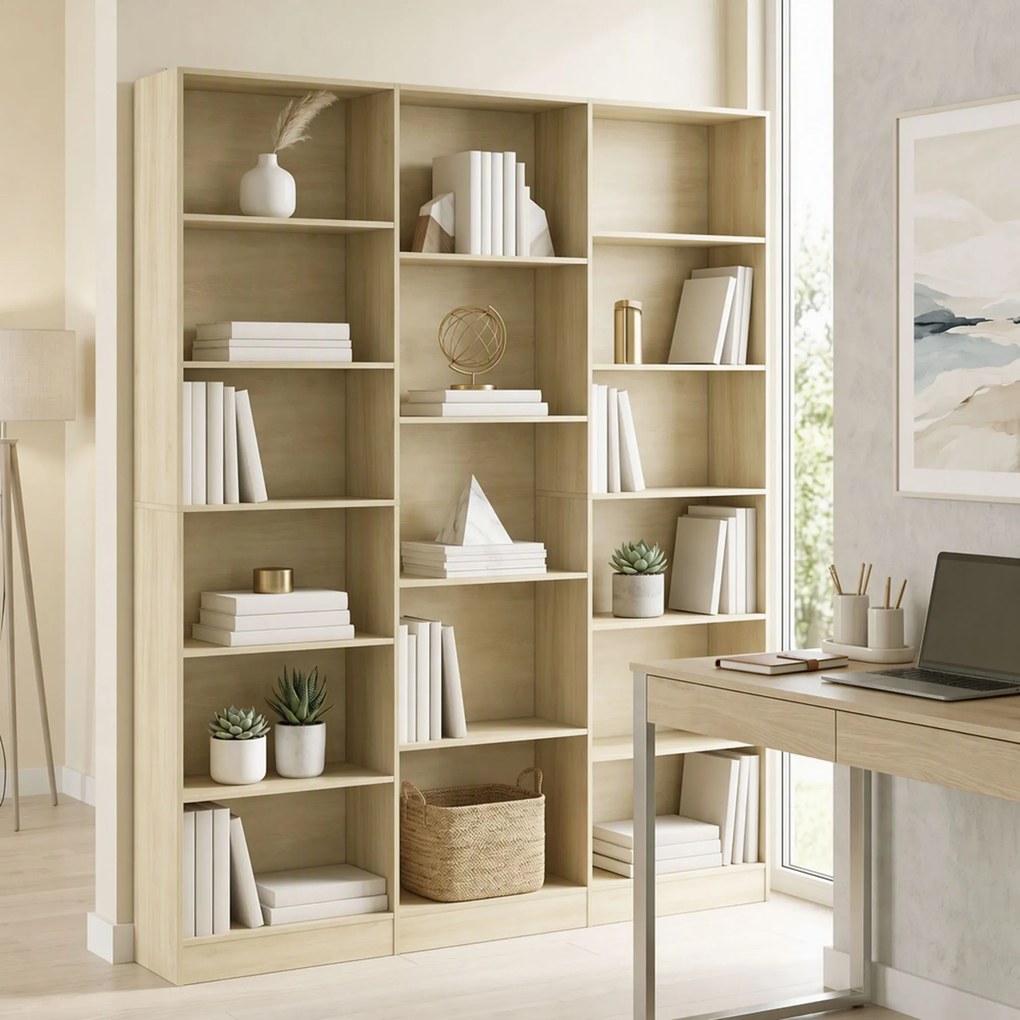 Biblioteca de 6 Níveis, 149 x 23,6 x 188 cm, 17 Compartimentos, Carvalho