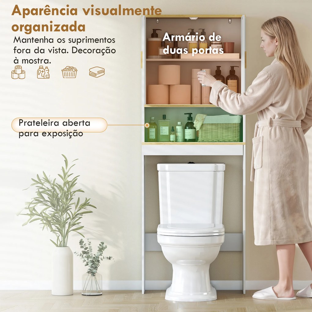 Móvel Sobre Sanita para Casa de Banho de 3 Níveis com Prateleira Aberta 2 Portas e Prateleira Ajustável 64x20x170,5 cm Branco