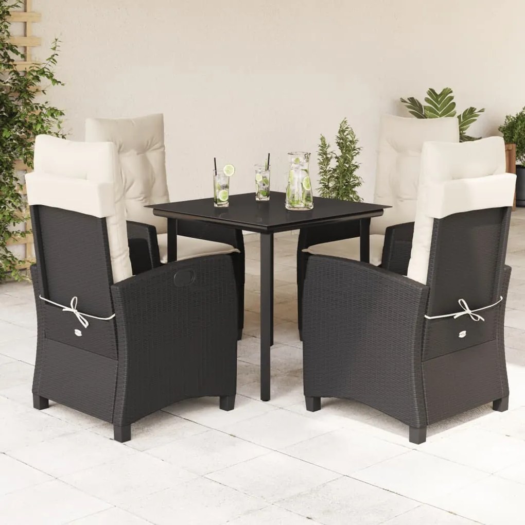 5 pcs conjunto de jantar p/ jardim c/ almofadões vime PE preto