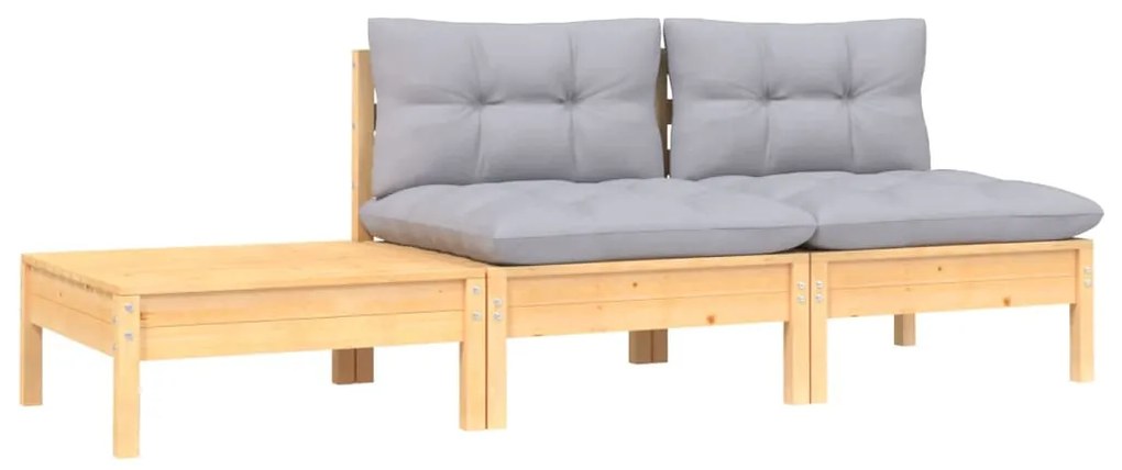3 pcs conj. lounge de jardim c/ almofadões cinza pinho maciço