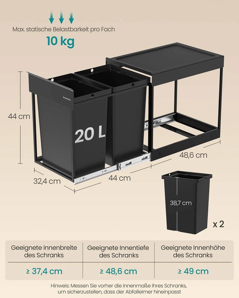 Caixote do lixo com 2 compartimentos 48,6 x 32,4 x 44 cm Preto