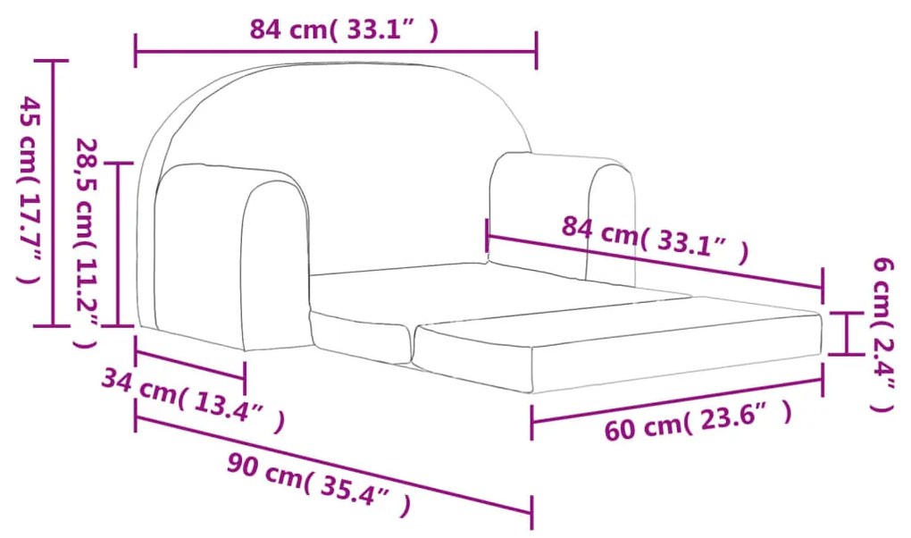 Sofá-cama infantil de 2 lugares pelúcia macia rosa