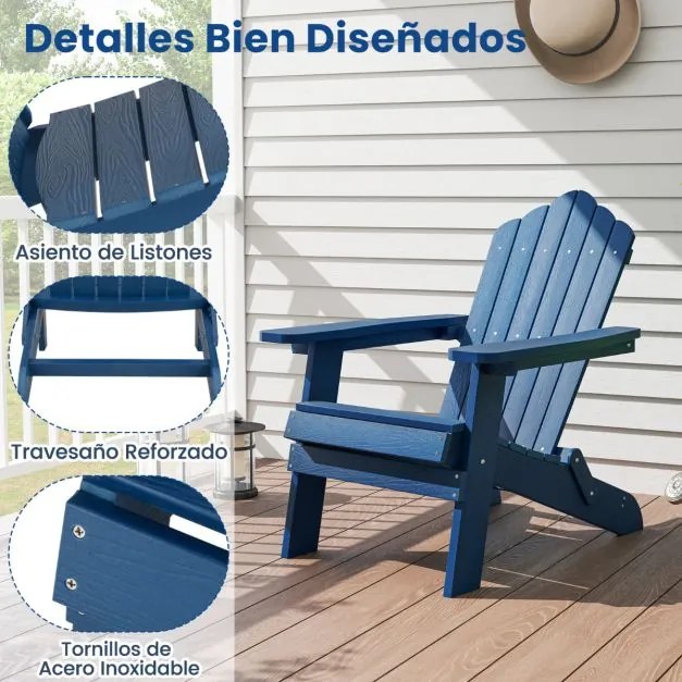 Cadeira Adirondack Jardim HIPS com braços largos e encosto inclinado para relvados exteriores jardim Azul