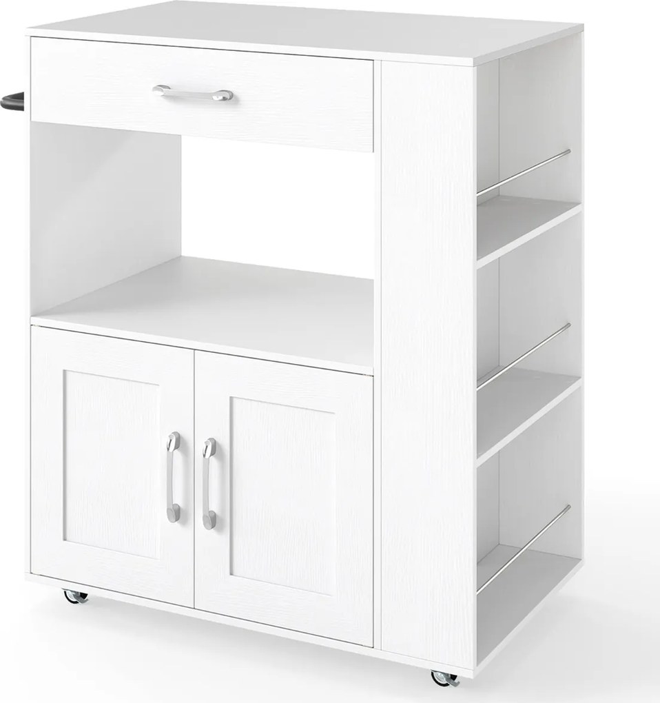 Carrinho de cozinha 75 x 46 x 90,5 cm com rodas bloqueáveis, cubo aberto dupla face, prateleiras laterais, gaveta, toalheiro branco