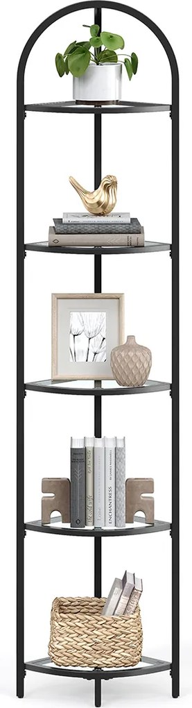 Estante de canto de 5 níveis com prateleiras de vidro temperado 28 x 28 x 158 cm Preta
