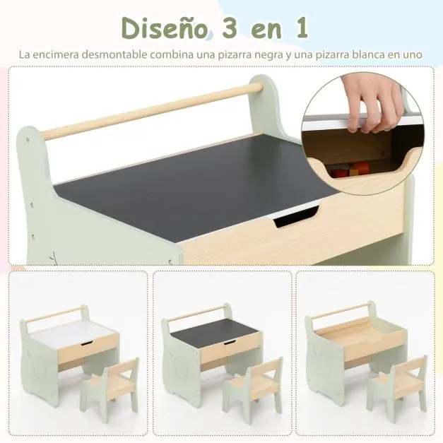 Conjunto de mesa e cadeira para crianças de actividades em madeira para crianças com tampo de mesa amovível 2 em 1 Verde