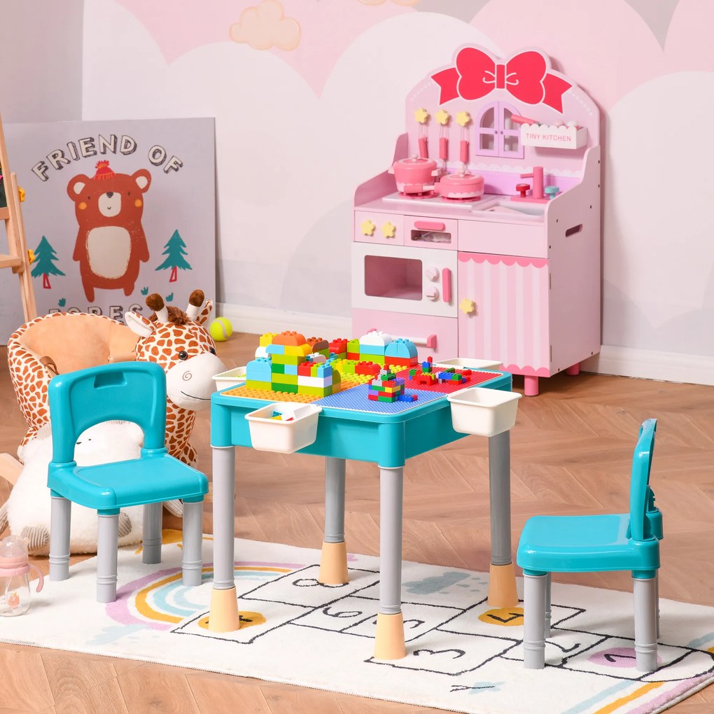 HOMCOM Conjunto de mesa e 2 cadeiras para crianças com 135 blocos de construção Mesa em ambos os lados Útil para desenhar e jantar com grande armazenamento 69x69x47 cm Multicolor