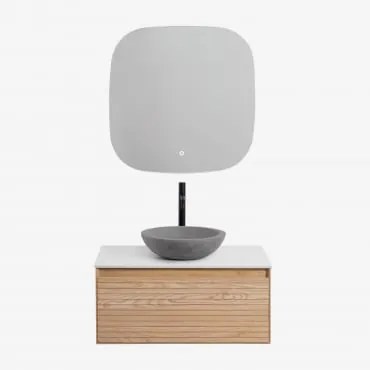 Conjunto De Móveis De Banheiro Em Madeira Tedrik Ash Castanho Fresno & Cimento Cinzento Redondo Ø40 Cm Tarsis & Quadrado Led - Sklum