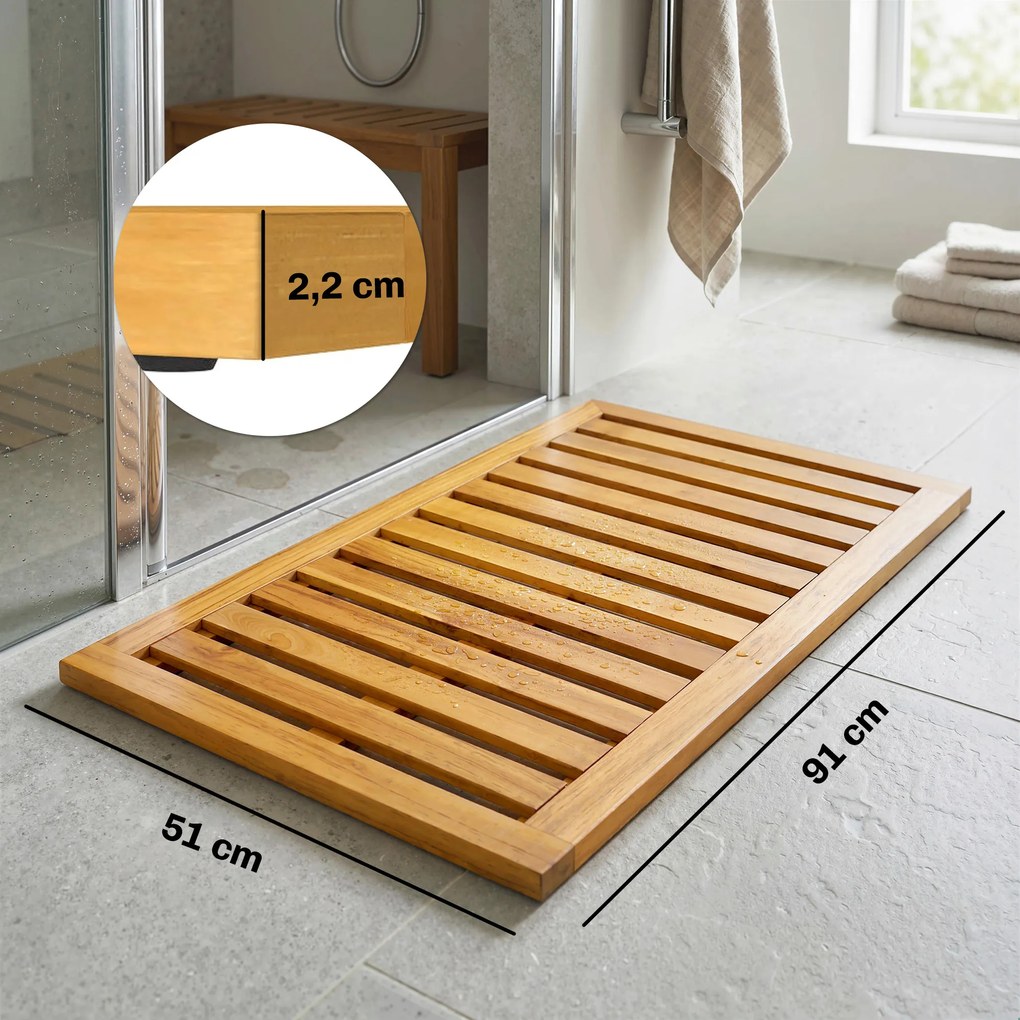 Tapete de Banho em Madeira de Acacia 91x51 cm Tapete de Duche  Antideslizante com Ripas para Drenagem Madeira