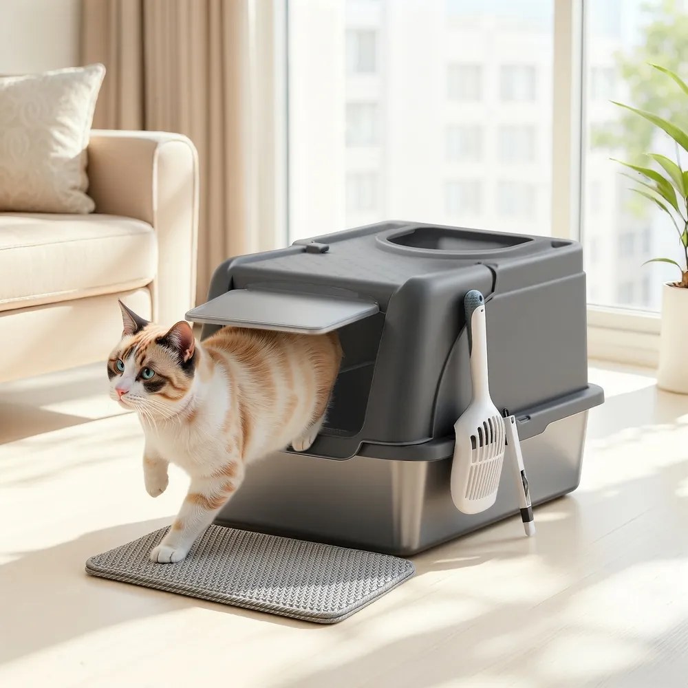 Caixa de areia para gatos 61 x 41 x 36,5 cm aço inoxidável e plastico Preto