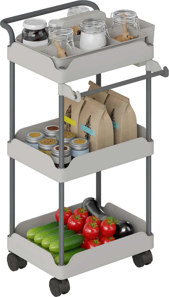 Carrinho Auxiliar com Rodas de 3 Níveis com Cestos Extraíveis Suporte para Toalhas e Estrutura de Metal 42x42,5x76 cm Cinza