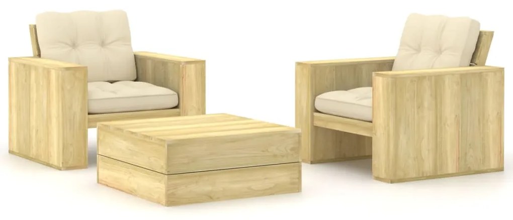 3 pcs conjunto lounge de jardim com almofadões pinho impregnado