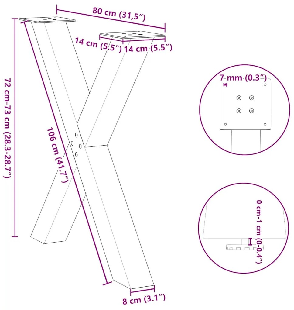 Pés para mesa de jantar em formato de X, 2 peças, aço natural, 80x(72-