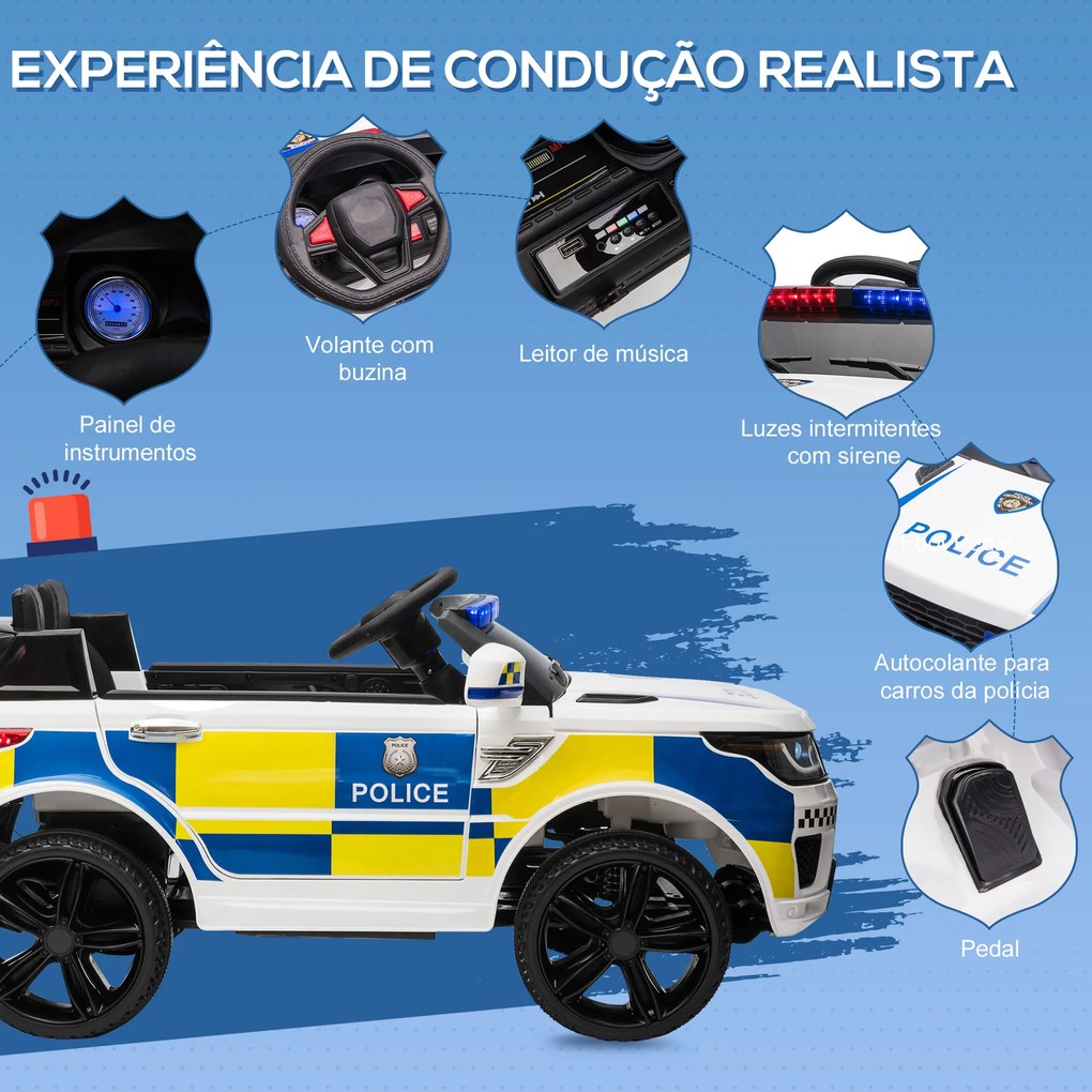 Carro Elétrico para Crianças Carro Elétrico Infantil de Policia 12V com Bluetooth USB Luz Sirene 110x68x52 cm  Branco