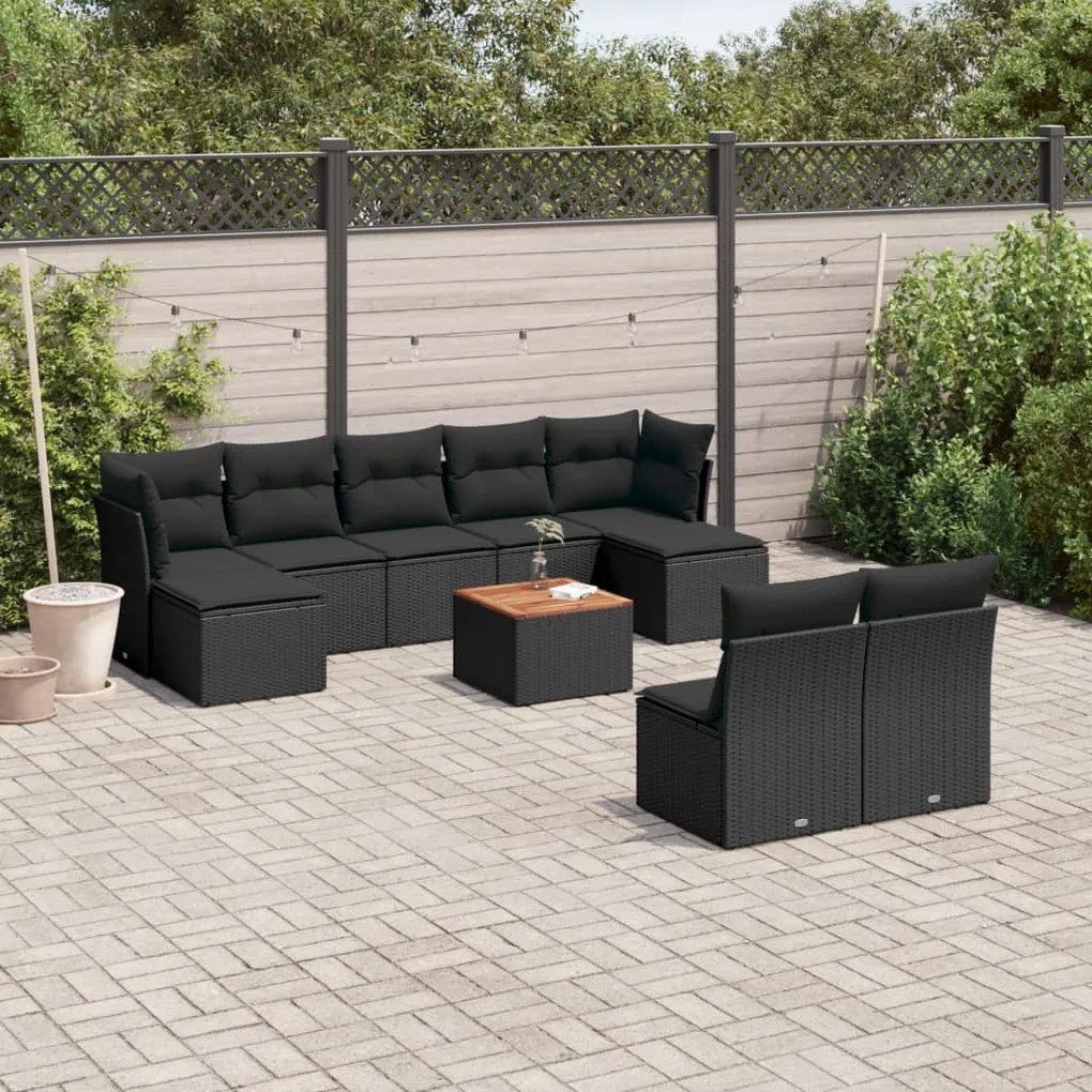 10 pcs conjunto sofás de jardim c/ almofadões vime PE preto
