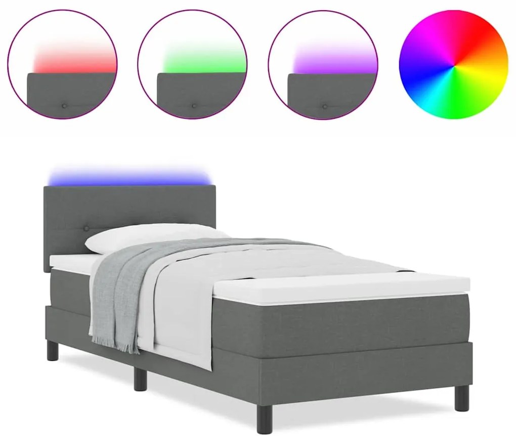 Cama Box com Colchão e LED Cinza Escuro 90x200 cm Tecido