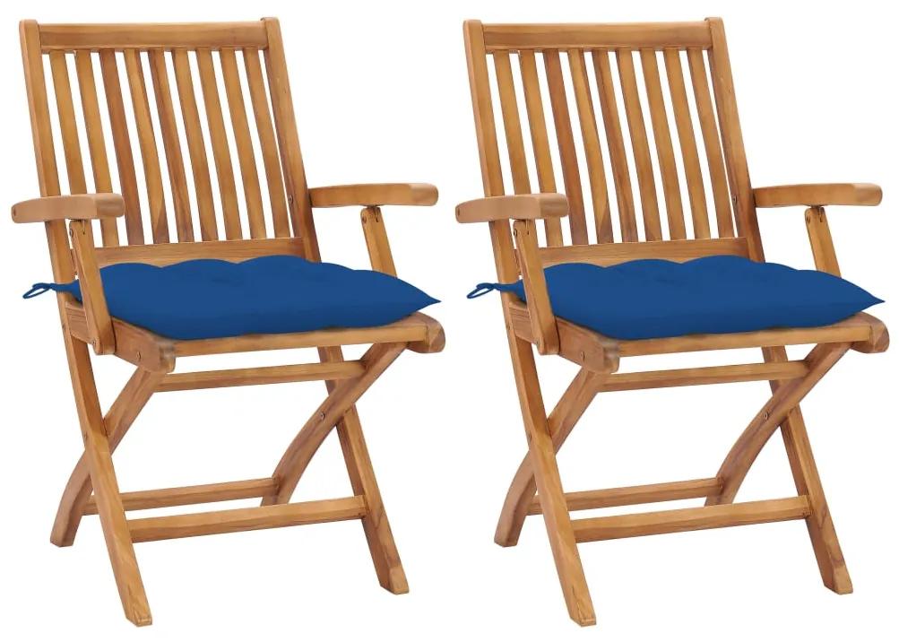 3062431 vidaXL Cadeiras de jardim c/ almofadões azul 2 pcs teca maciça