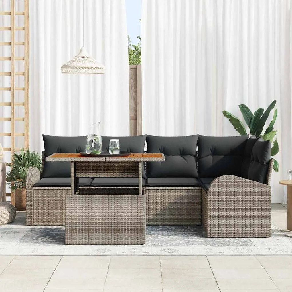 Conjunto de Jantar de Jardim com 6 Peças e Almofadas Cinza em Rattan S