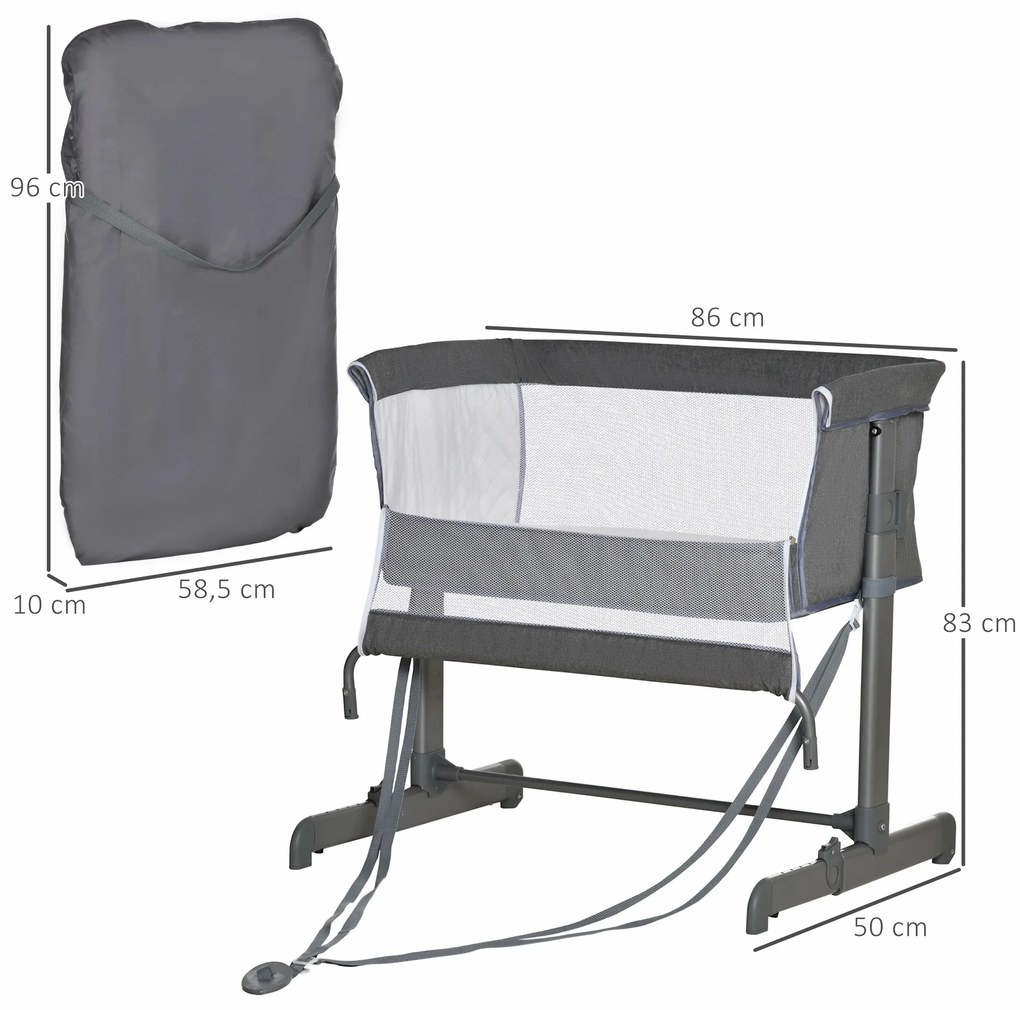 Berço de Bebé 2 em 1 Berço de Viagem Dobrável com Altura e Pés Ajustável em 5 Níveis Bolsa de Transporte até 9kg 6x50x83cm Cinza