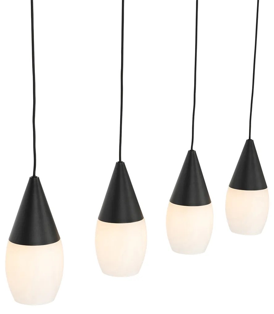Candeeiro de suspensão moderno preto com vidro opalino 4 luzes - Drop Moderno