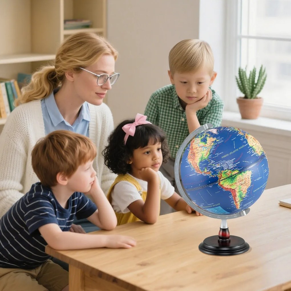 Globo Terrestre 32 x 32 x 45 cm Iluminado Lámpada de Noite com Suporte de Madeira e Mapa Transparente para Crianças e Adultos Azul