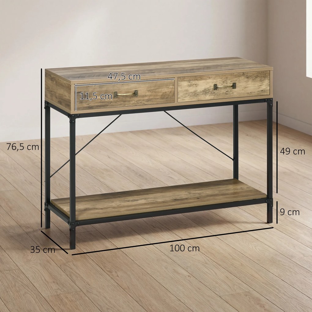 Mesa Consola Industrial Mesa de Sofá com 2 Gavetas e Prateleira para Entrada com Pés de Metal Castanho e Preto