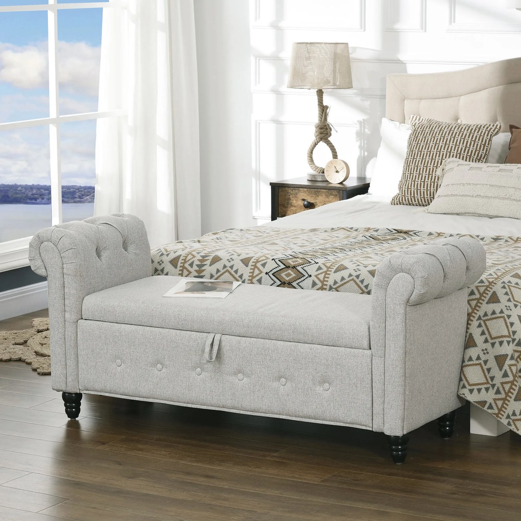 Banco com baú 2 em 1 em tecido com aspeto de linho e pés de madeira 146,5 x 49 x 72 cm cinzento