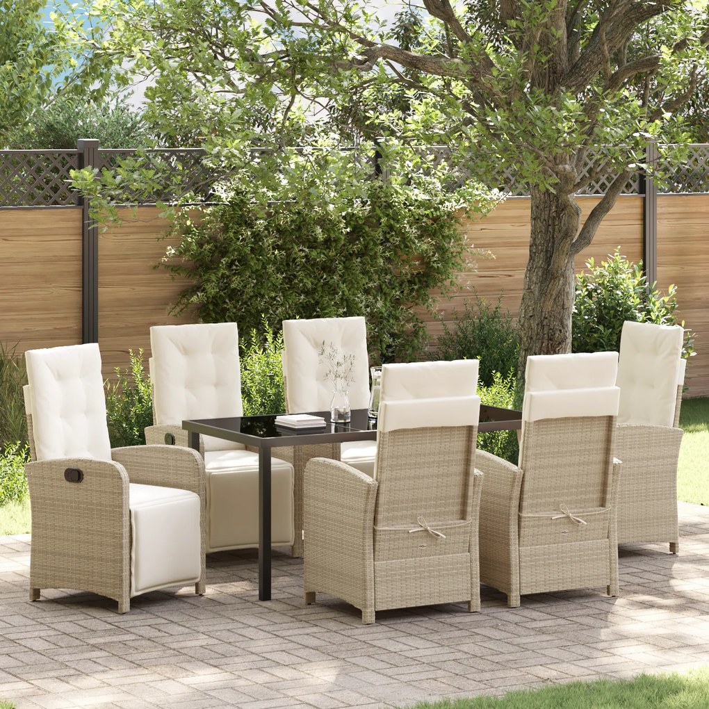 Conjunto de Jantar de Jardim de 7 Peças com Almofadas Bege Rattan Poliéster