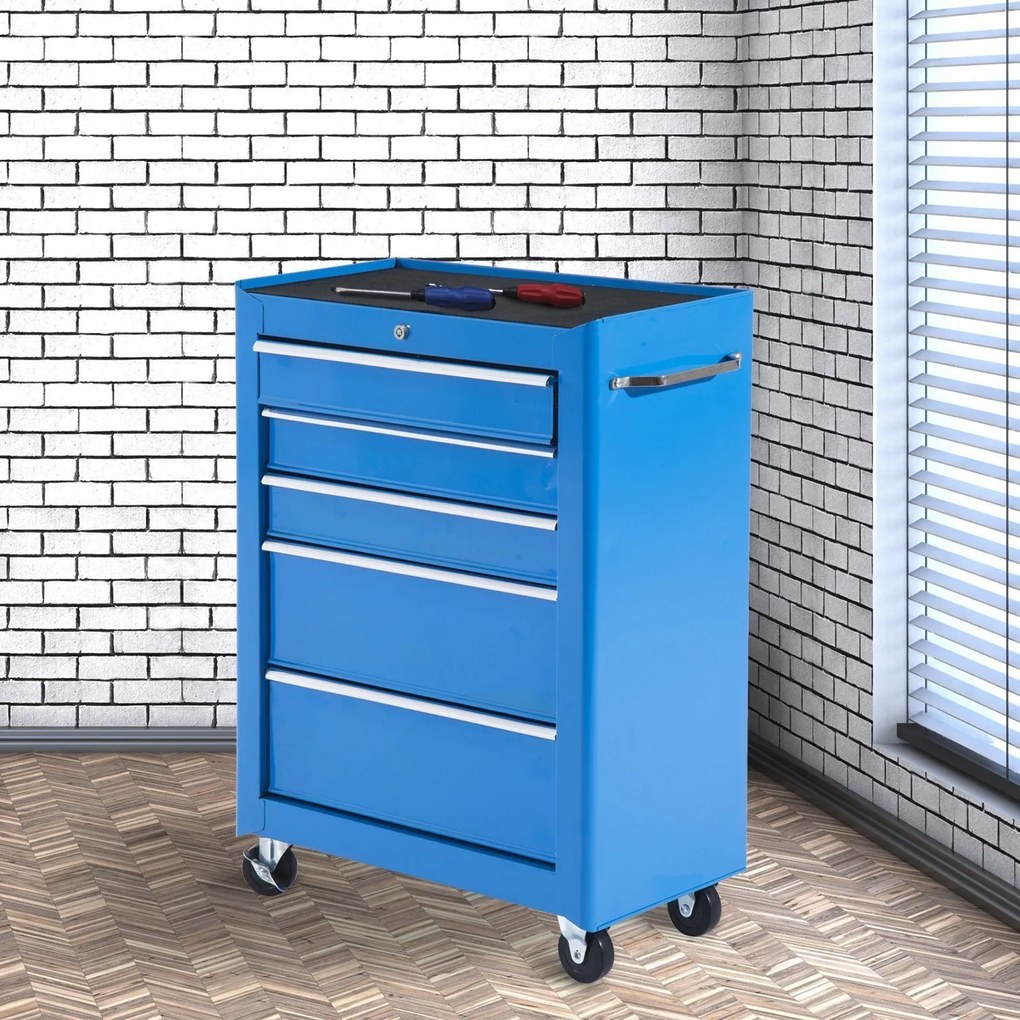 HomCom Carrinho de ferramentas com 5 gavetas para oficina Chapa de aço 61,5 × 33 × 85 cm Azul