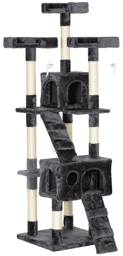 PawHut Arranhador para Gatos Grande 49x49x173 cm com Múltiplos Níveis Cavernas e Brinquedos Suspensos Cinza