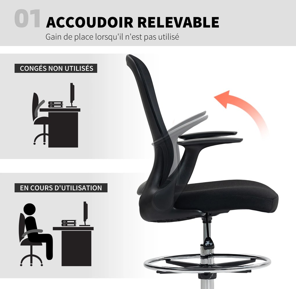 Cadeira de escritório 59 x 62 x 99-119 cm ergonómica com apoio para os pés ajustável e braços rebatíveis, altura regulável, preta