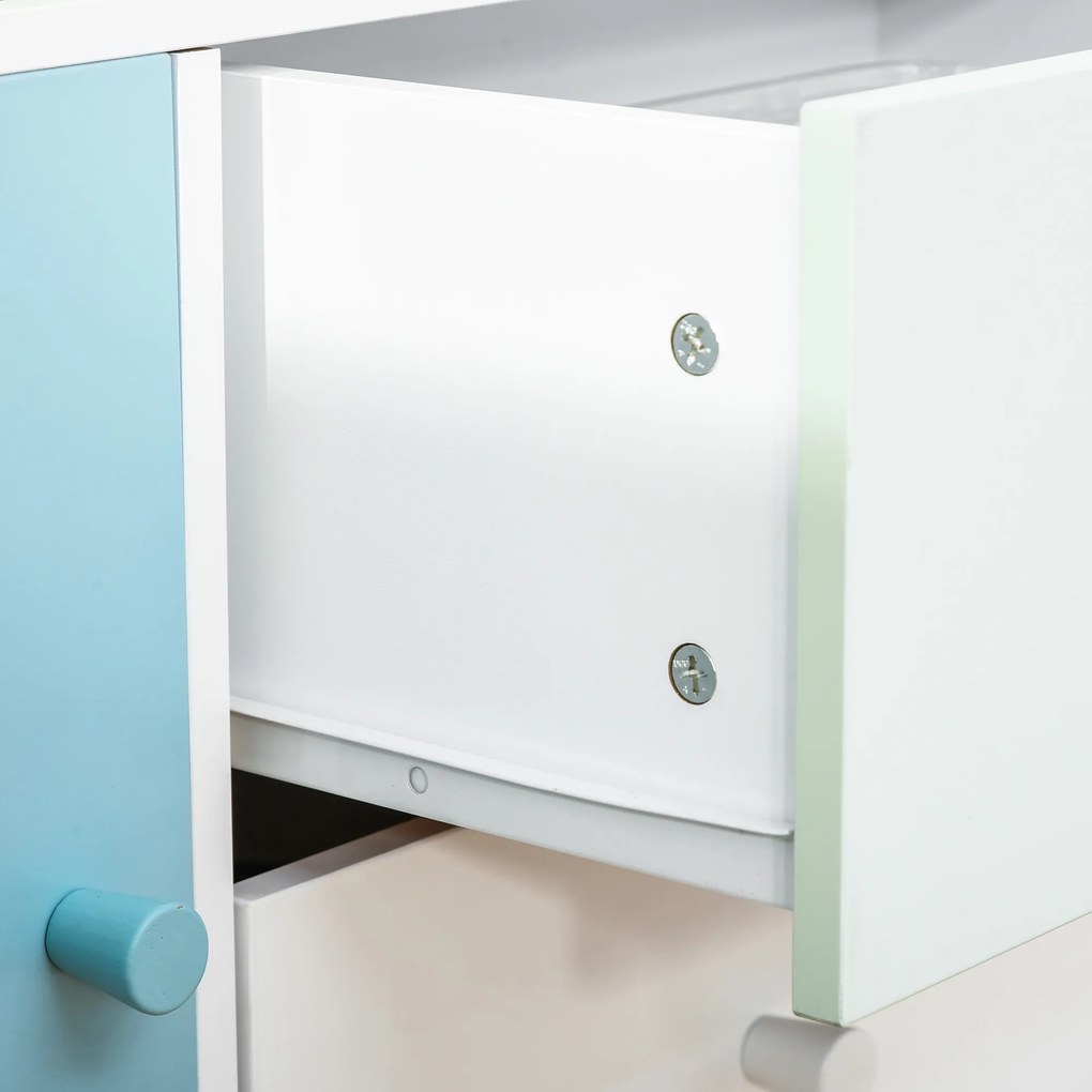 HOMCOM Móvel Infantil Cómoda para Crianças com 2 Compartimentos 2 Gavetas e 2 Armários para Armazenamento de Livros Brinquedos Roupa 80x30x85cm Azul Verde Menta Branco