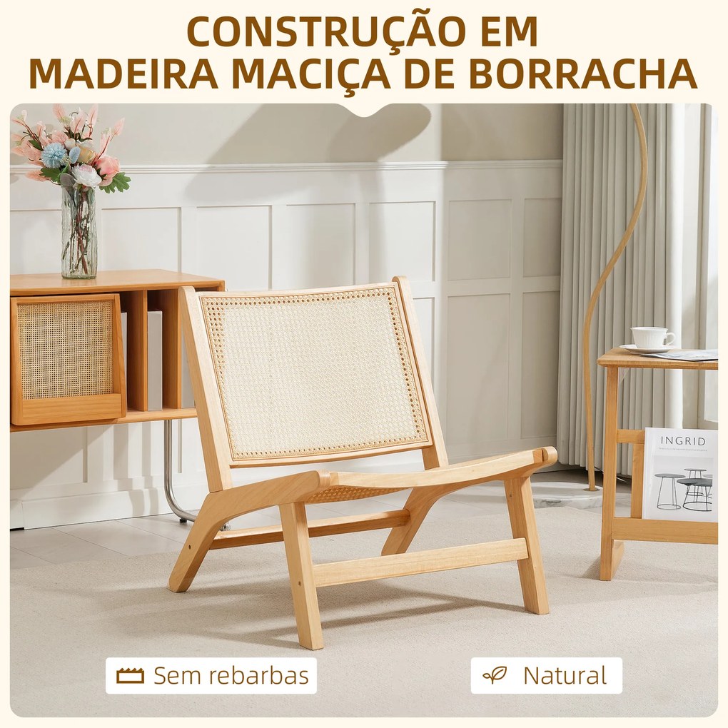 Cadeira para Sala de Estar Nórdica com Encosto e Assento Amplo em Vime Estrutura de Madeira 64x70x74 cm Madeira e Bege